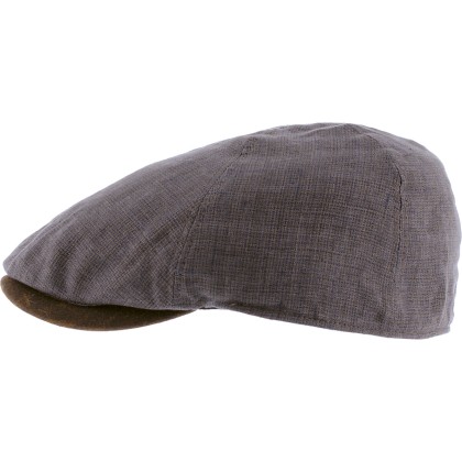 Plain color linen  flat cap with pu leather under the peak.