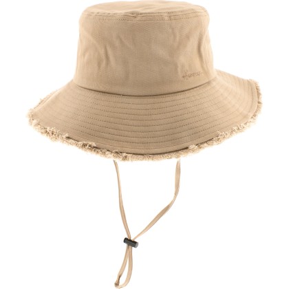 Plain color bucket hat, with chinstrap and frayed hem. With  sun prote