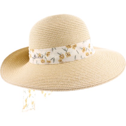 Large brim hat raised at the back in paper braid with flower pattern s