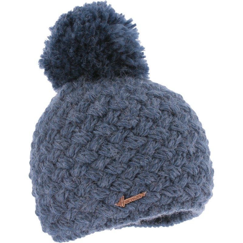 Plain cross-knit adult beanie with plush-lined pompom