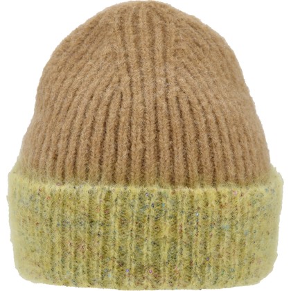 Adult fine knit cap with two-tone reverse side knitted with lurex.