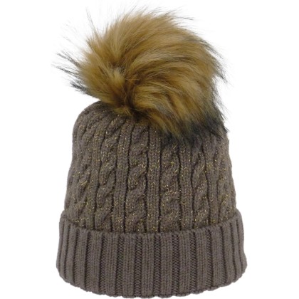 Bonnet adulte torsadé maille fine, tricoté avec du lurex et un pompon