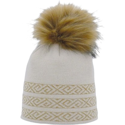 Adult fine knit beanie with lurex and faux fur pompon