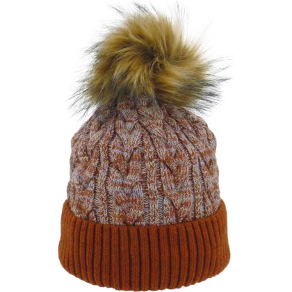 Bonnet adulte torsadé maille fine avec revers, bicolore avec un pompon