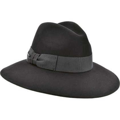 Women's hat with large brim in plain wool felt with fancy decoration.
