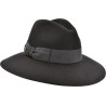 Women's hat with large brim in plain wool felt with fancy decoration.