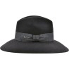 Women's hat with large brim in plain wool felt with fancy decoration.