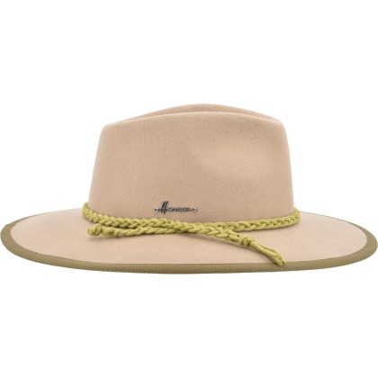 Large-brimmed hat with contrast wool felt pass with braid.
