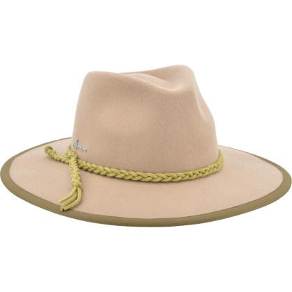Large-brimmed hat with contrast wool felt pass with braid.