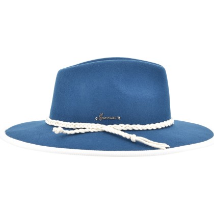 Large-brimmed hat with contrast wool felt pass with braid.