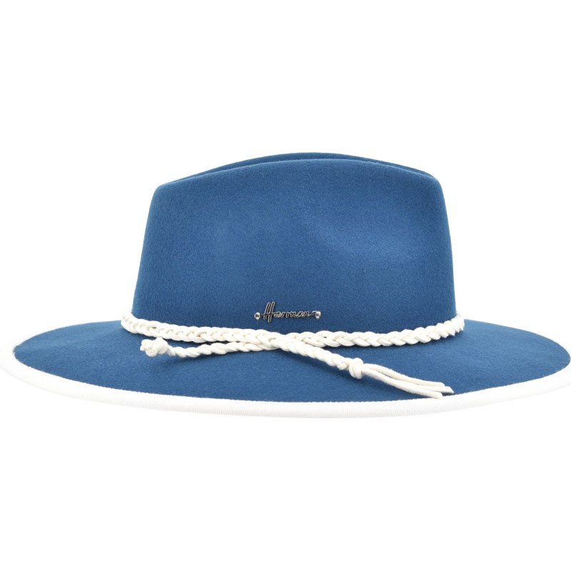 Large-brimmed hat with contrast wool felt pass with braid.