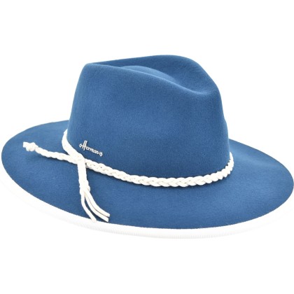 Large-brimmed hat with contrast wool felt pass with braid.