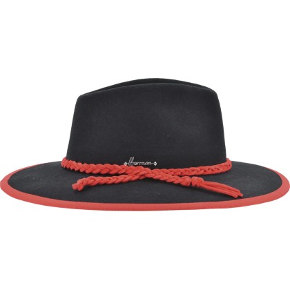 Large-brimmed hat with contrast wool felt pass with braid.