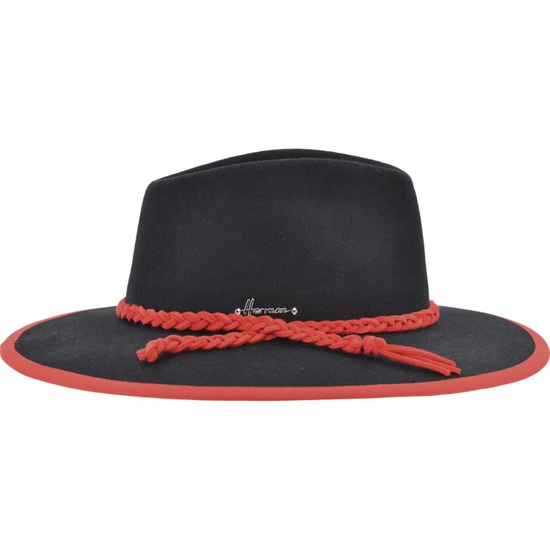 Large-brimmed hat with contrast wool felt pass with braid.