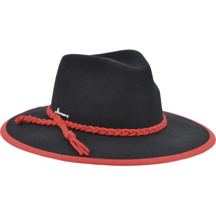 Large-brimmed hat with contrast wool felt pass with braid.