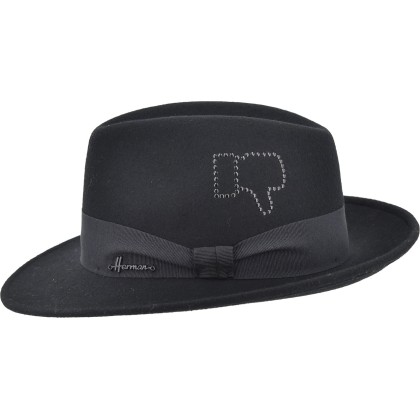 Hat with large raised brim in plain wool felt with metal markings.