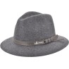 Large-brimmed hat in plain wool felt with leather belt.