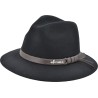 Large-brimmed hat in plain wool felt with leather belt.