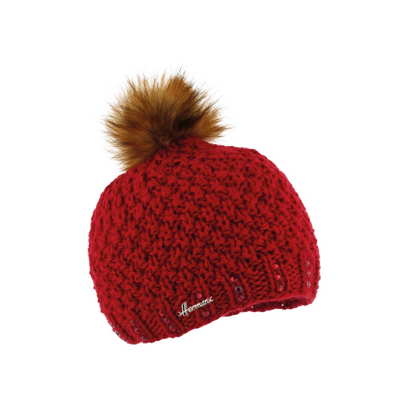 Bonnet enfant grosse maille tricoté main + strass et pompon fausse fou