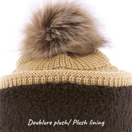 Women's plain hat with faux fur pompom lined plush