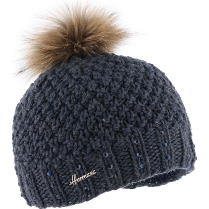 Bonnet grosse maille tricoté main + strass et pompon fausse fourrure