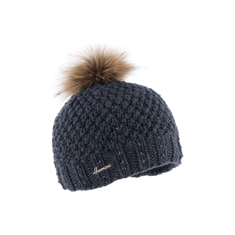 Bonnet grosse maille tricoté main + strass et pompon fausse fourrure