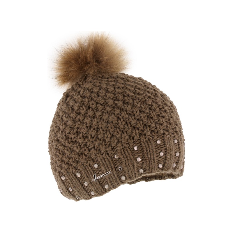 Bonnet enfant grosse maille tricoté main + strass et pompon fausse fou