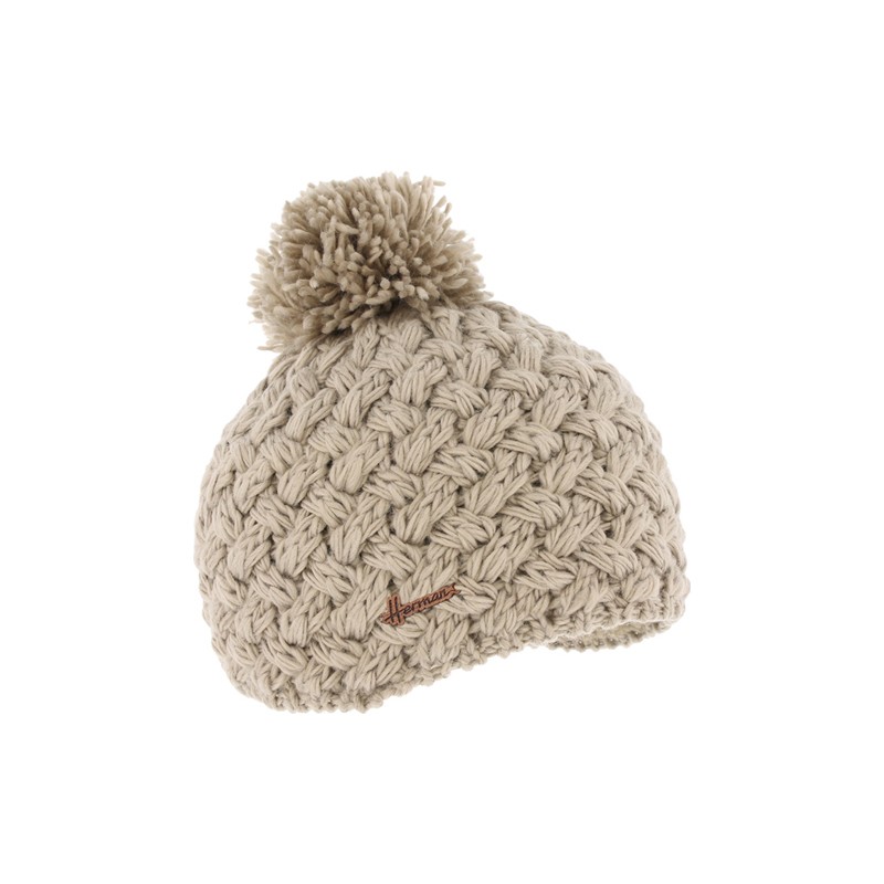 Plain cross-knit adult beanie with plush-lined pompom