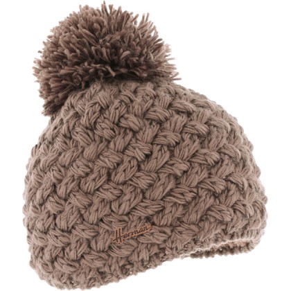 Plain cross-knit adult beanie with plush-lined pompom