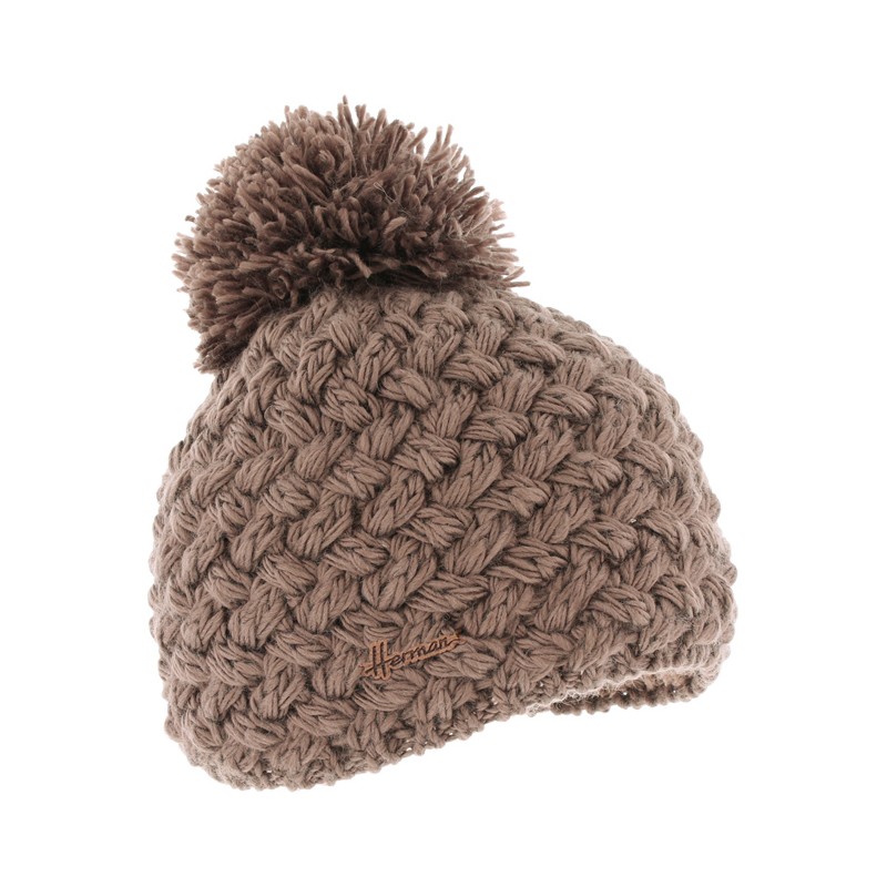 Plain cross-knit adult beanie with plush-lined pompom