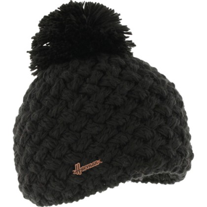 Plain cross-knit adult beanie with plush-lined pompom