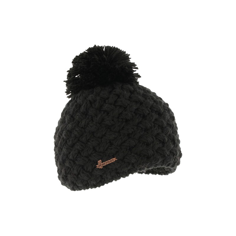 Plain cross-knit adult beanie with plush-lined pompom