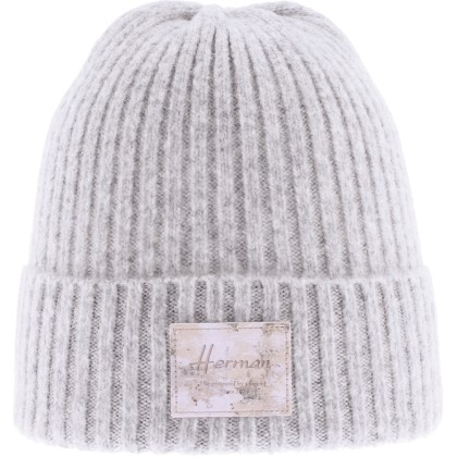 Women's mottled knit beanie with badge and turn-ups