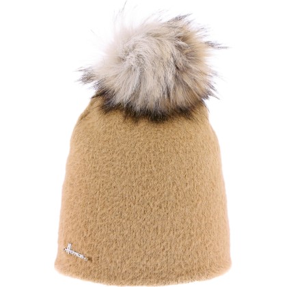 Very soft plain nylon hat with faux fur pompom