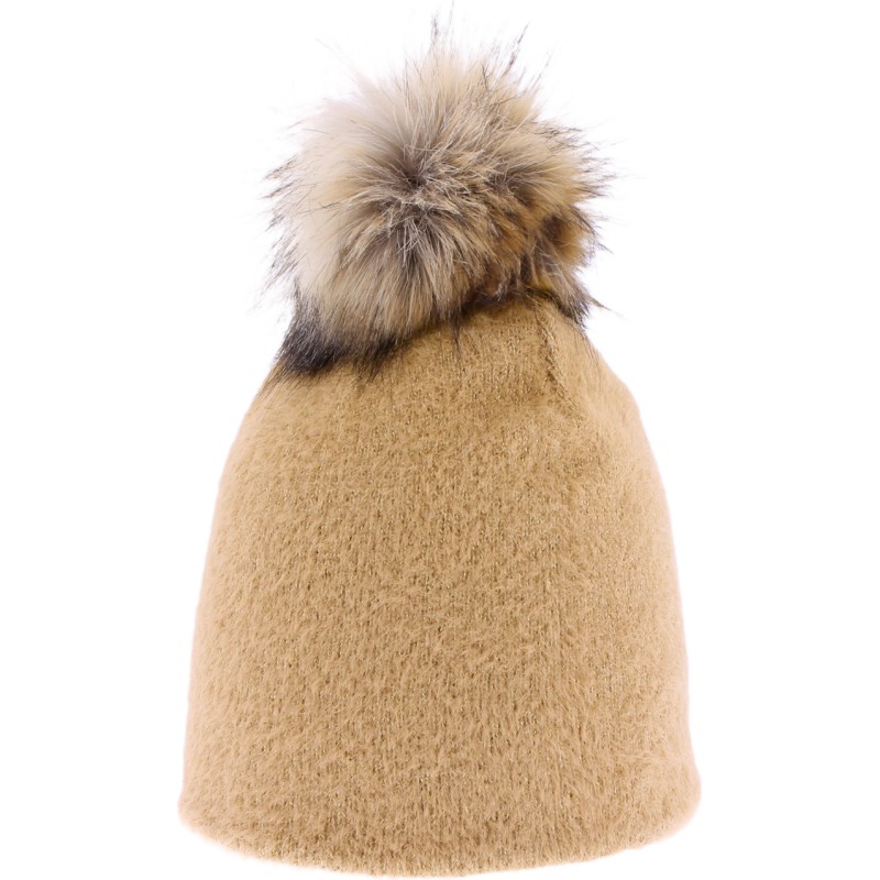 Very soft plain nylon hat with faux fur pompom