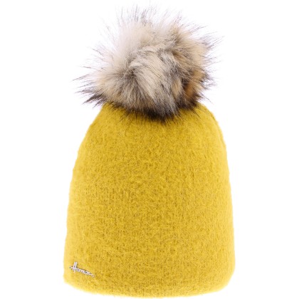 Bonnet en nylon uni très souple avec pompon fausse fourrure