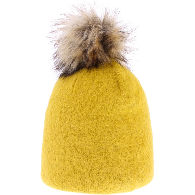 Bonnet en nylon uni très souple avec pompon fausse fourrure