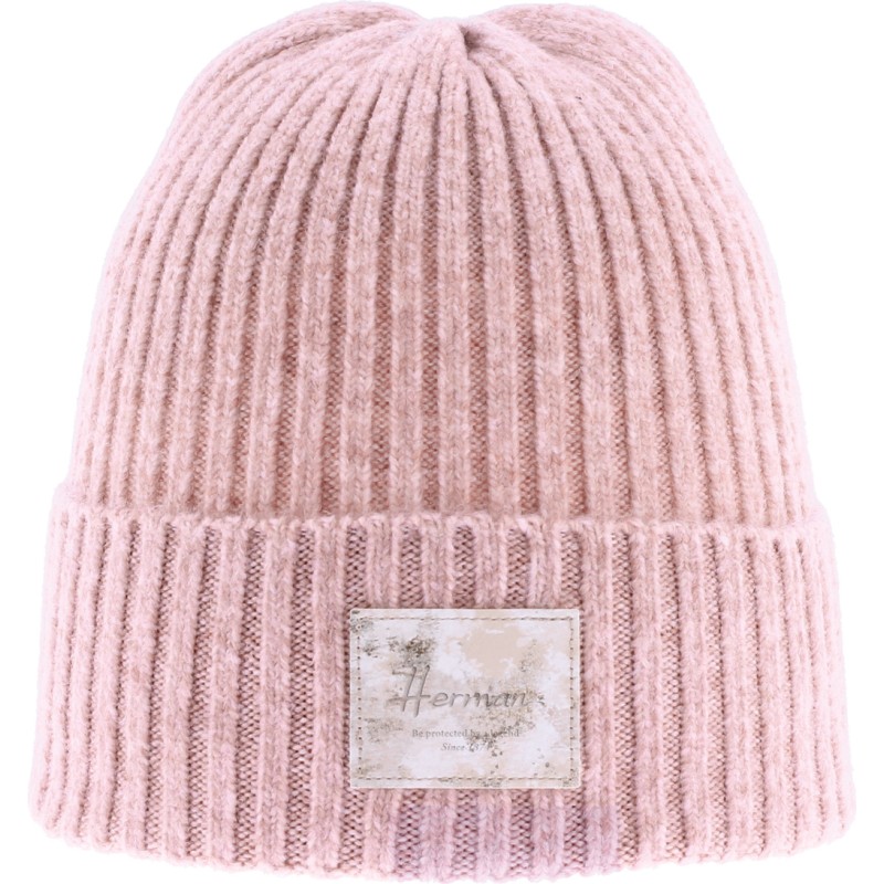 Women's mottled knit beanie with badge and turn-ups