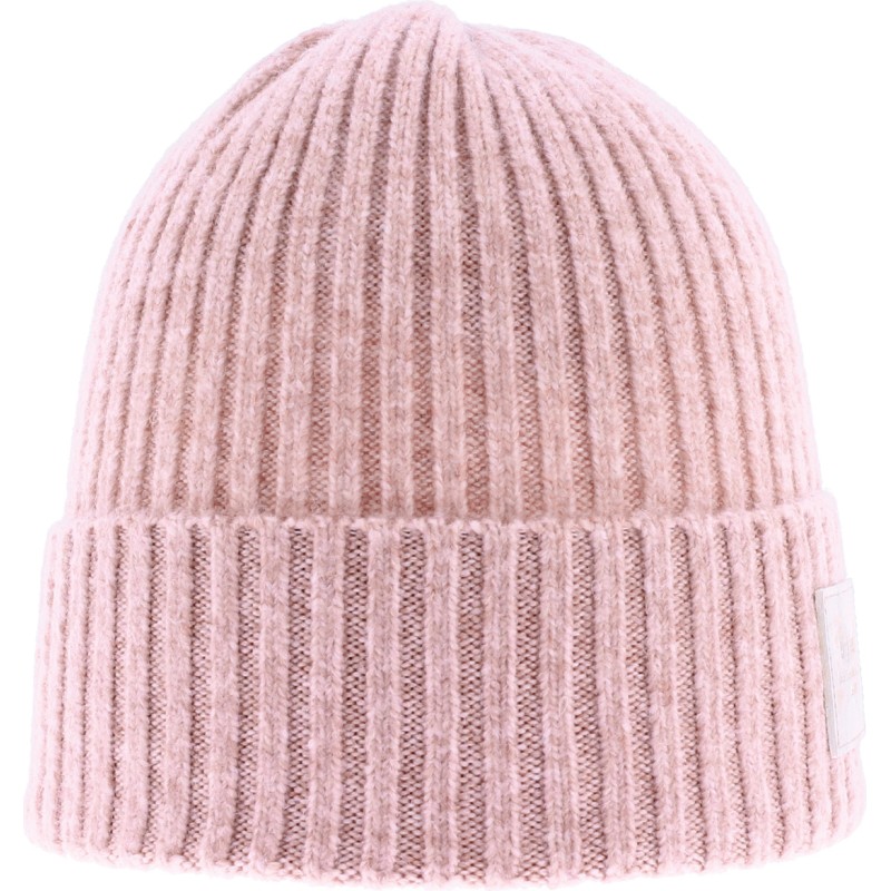 Women's mottled knit beanie with badge and turn-ups