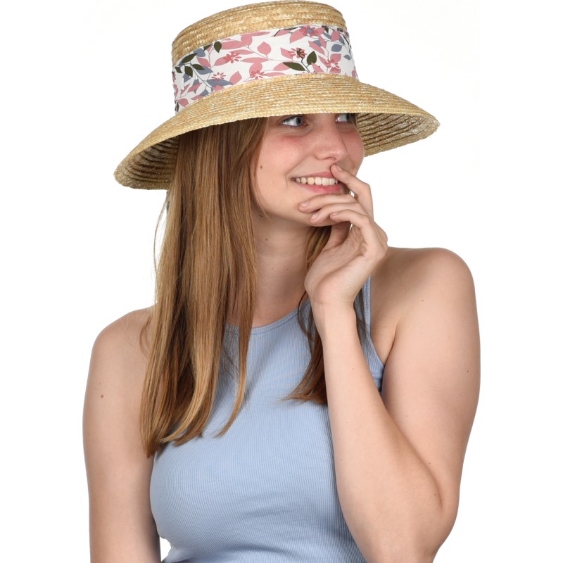 Large brim hat in natural straw with scarf