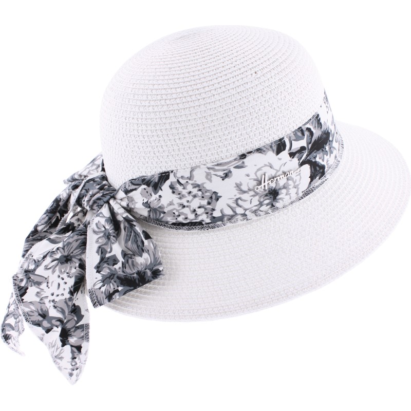 Paper braid floppy hat with pattern scarf