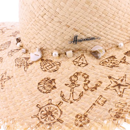 Floppy hat, in raffia straw, palmtrees or shells pattern hot-stamped o