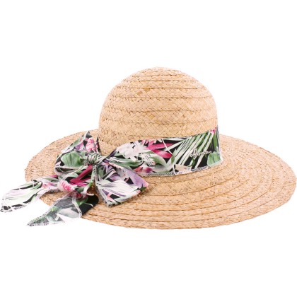 chapeau de paille femme chic avec foulard tropical