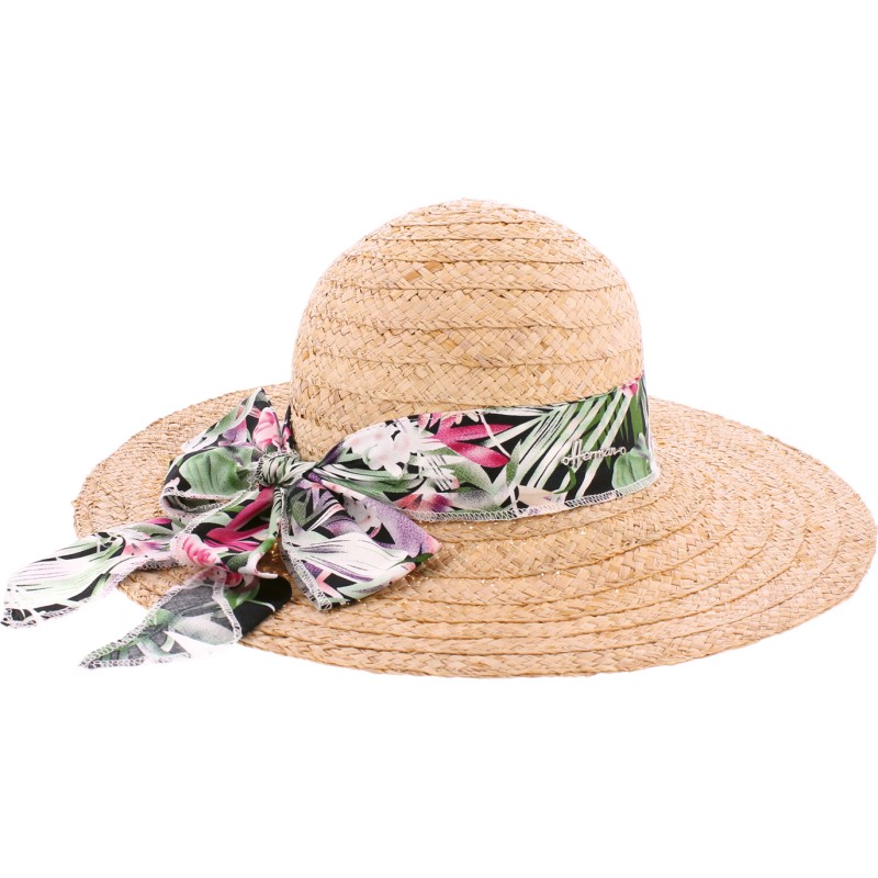 chapeau de paille femme chic avec foulard tropical